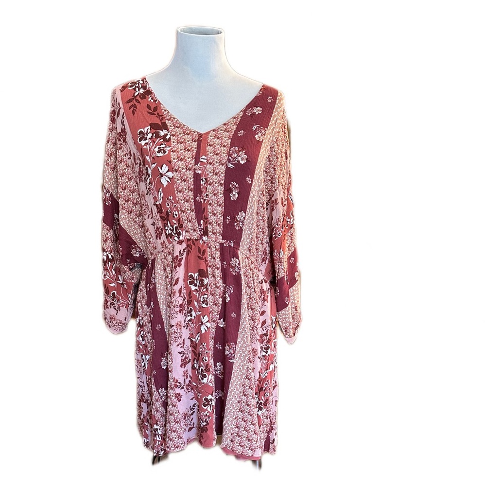 r2 Orange and Pink Mini Dress Boho 3XL flowy kimono sleeve v-neck rust ginger